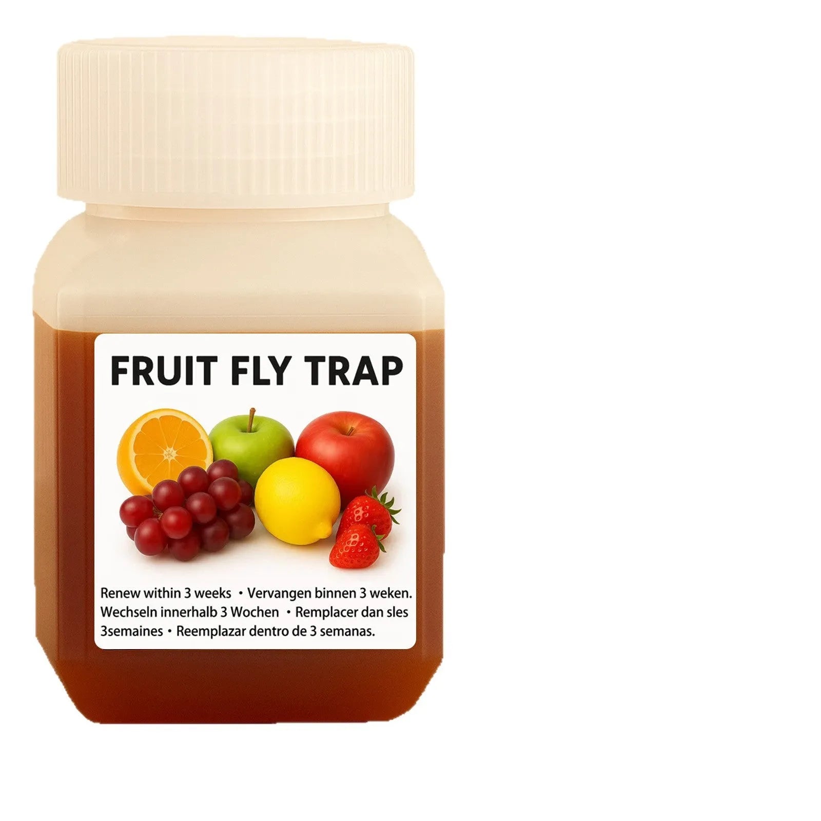 Bottle of SK003 fruit fly trapper bait liquid showing funnel and no-funnel options