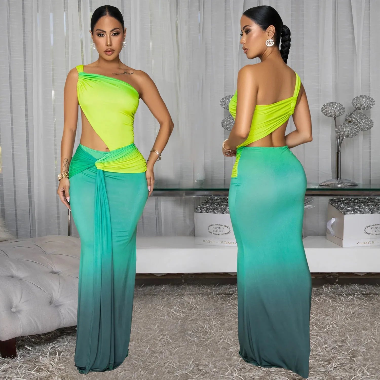 Women's gradient colour cross-shoulder maxi dress with high waist and long skirt