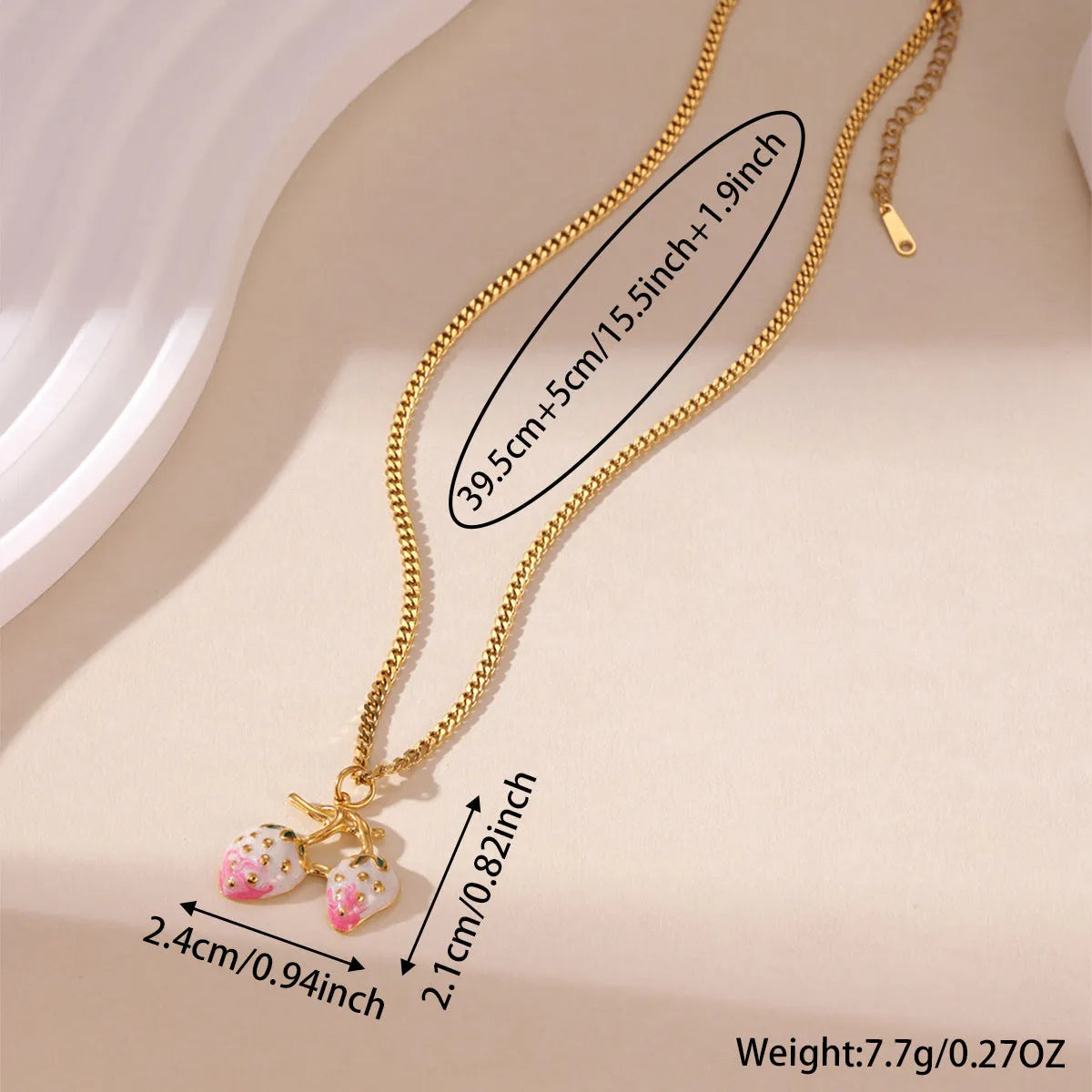 Stainless steel necklace with a strawberry fruit pendant in red or white gradient colour.