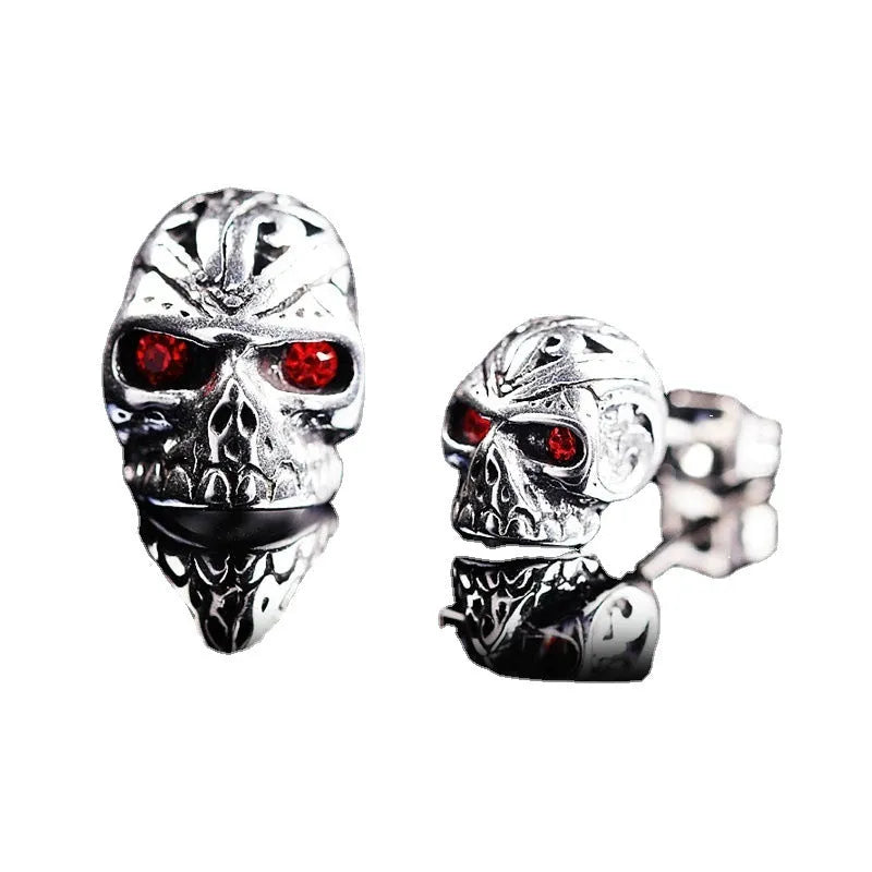 Retro skull stud earrings with red eye ghost head design on alloy base