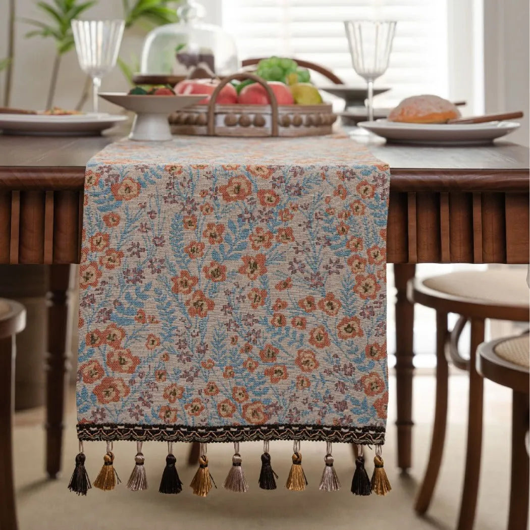 American-style long tassel table runner with Jacquard floral pattern on a table