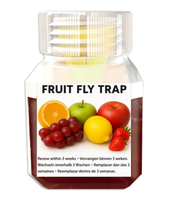 Bottle of SK003 fruit fly trapper bait liquid showing funnel and no-funnel options