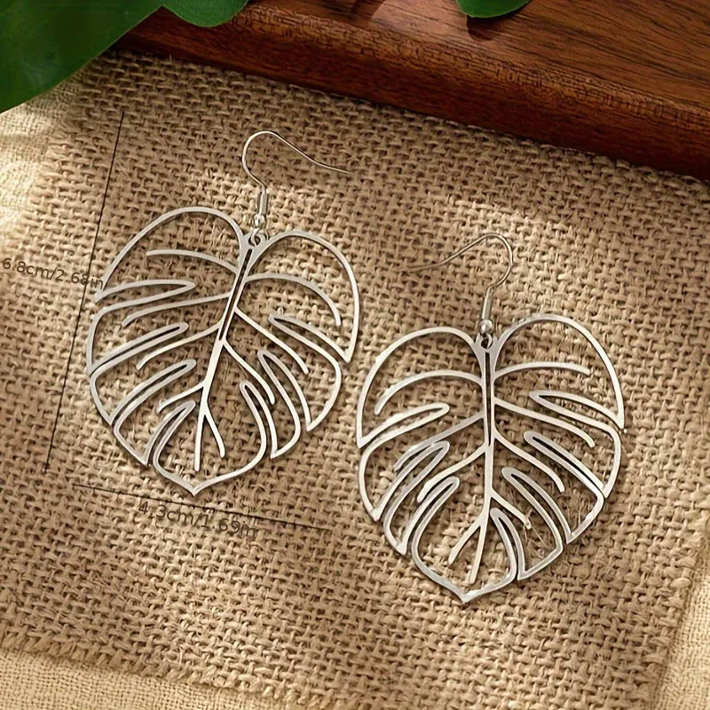 Gold leaf shape hollow pendant drop earrings for women casual alloy jewellery