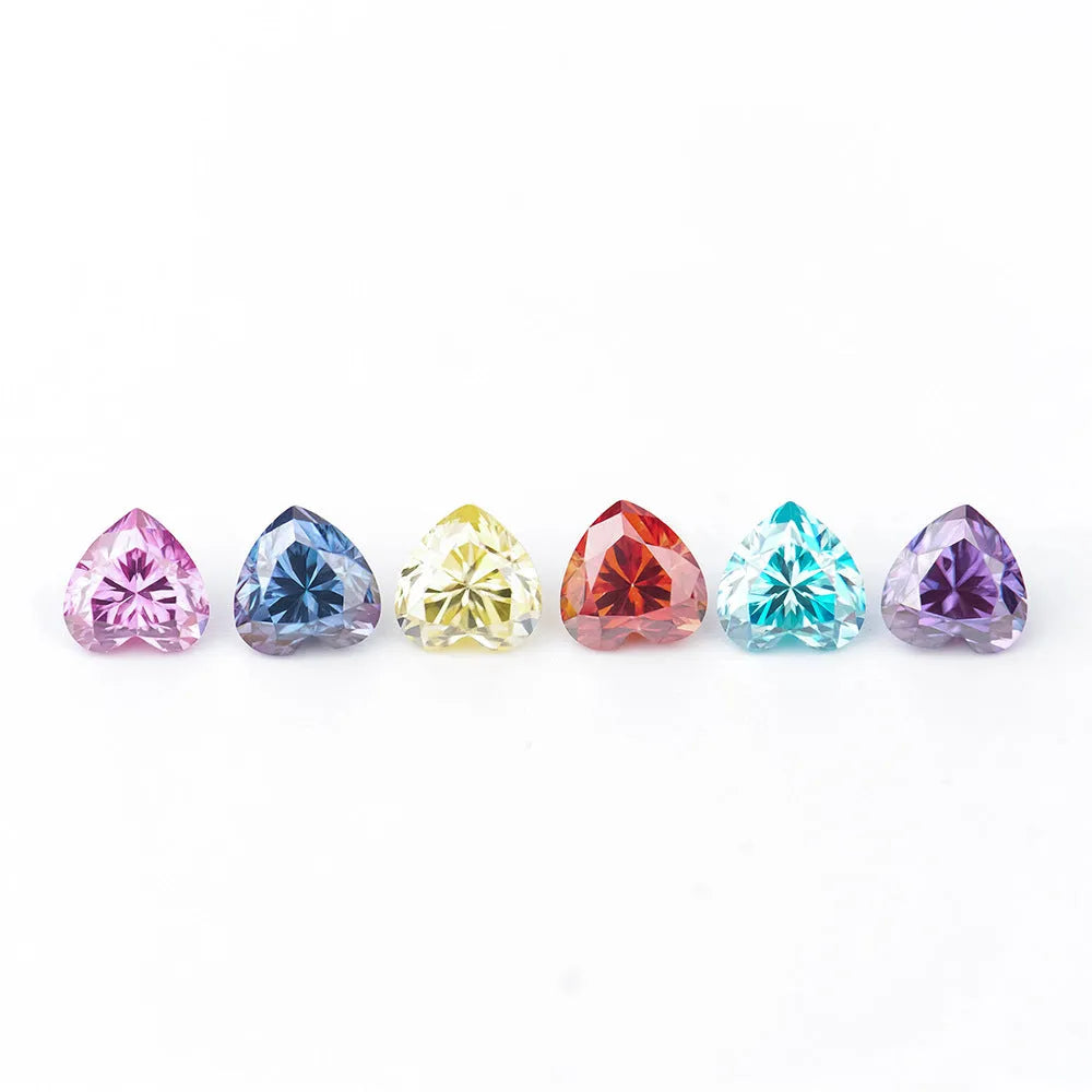 Colourful heart-shaped moissanite stones in various sizes for jewellery making
