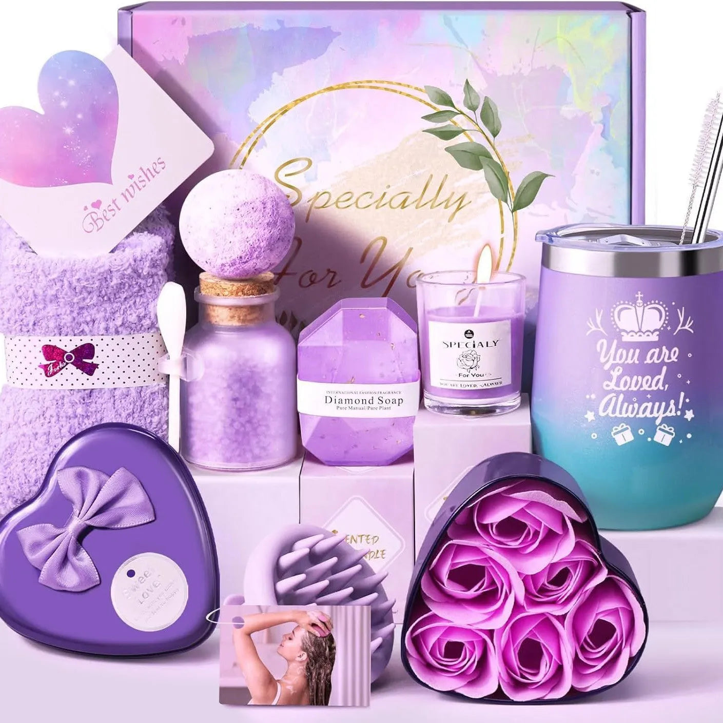 Soy wax aromatherapy candle bath set gift box showing a selection of the 15 available style and colour variations.