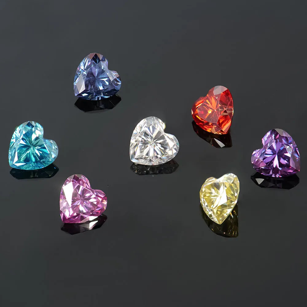 Colourful heart-shaped moissanite stones in various sizes for jewellery making