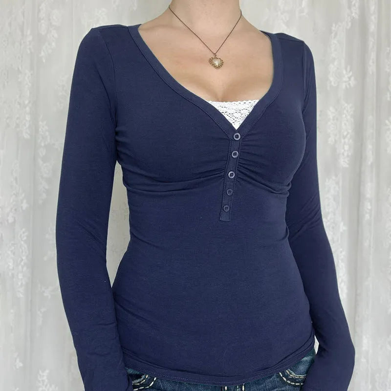 Fake two-piece semi-open buckle sweater in dark blue knitted cotton with lace, slim fit, street hipster style