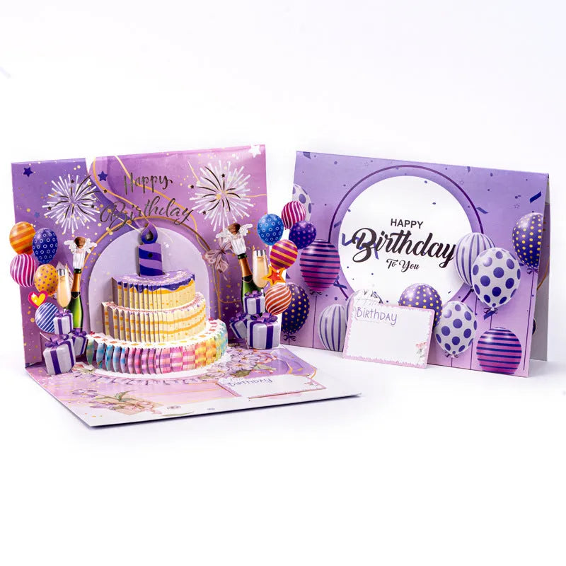 Musical 3D birthday card with Chinese ink style cake design showing manual folded paper construction