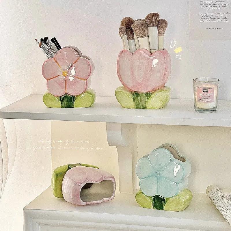 Ceramic pen holder storage box with floral decoration in five colour options