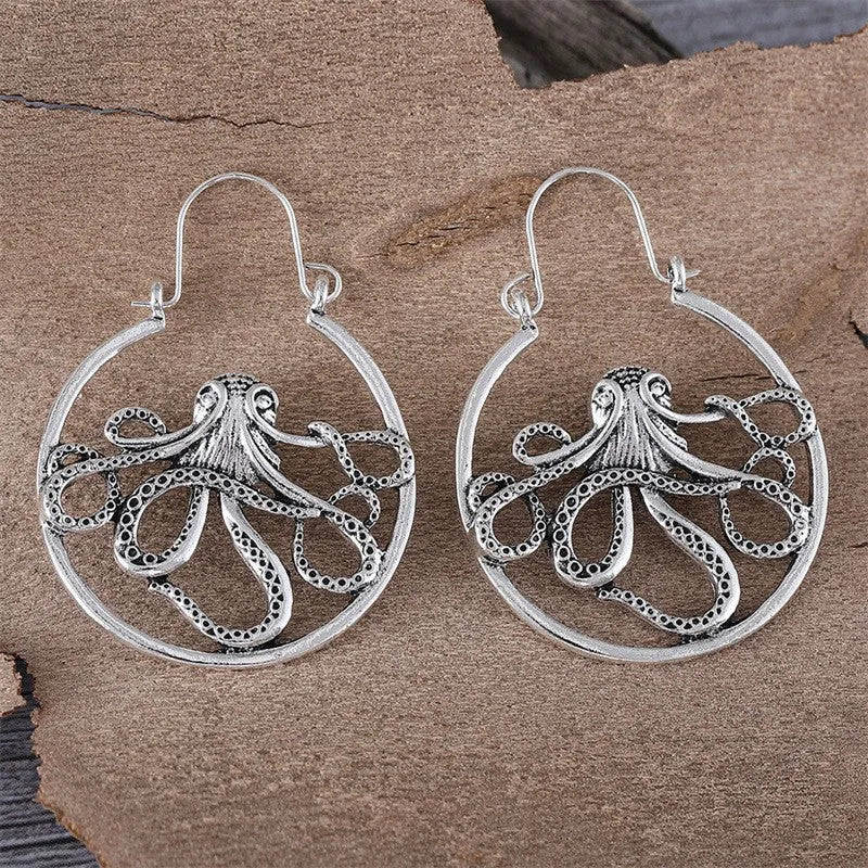 Vintage antique silver octopus earrings with detailed animal modelling for men and women