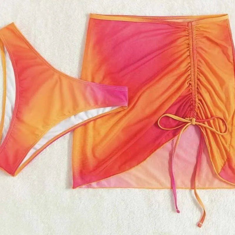 Women's orange gradient print three-piece swimsuit with adjustable suspender buckles