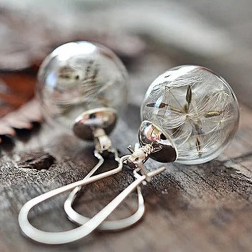 Transparent glass dandelion earrings with 16mm crystal ball on French hook earring backs