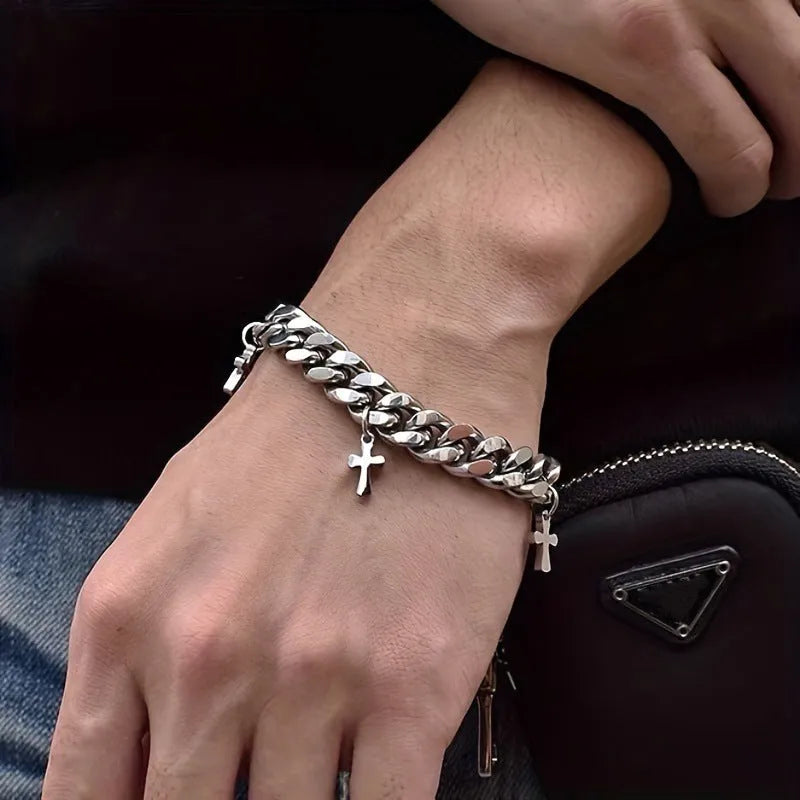 Men's titanium steel bracelet with a geometric cross charm on an adjustable strap.