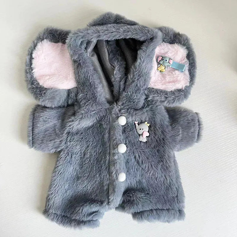 Grey elephant plush jumpsuit outfit for a 30cm Lina bear doll.