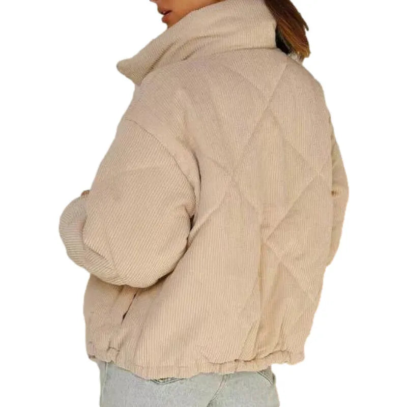Women's apricot corduroy zipper jacket with stand collar and wadded construction