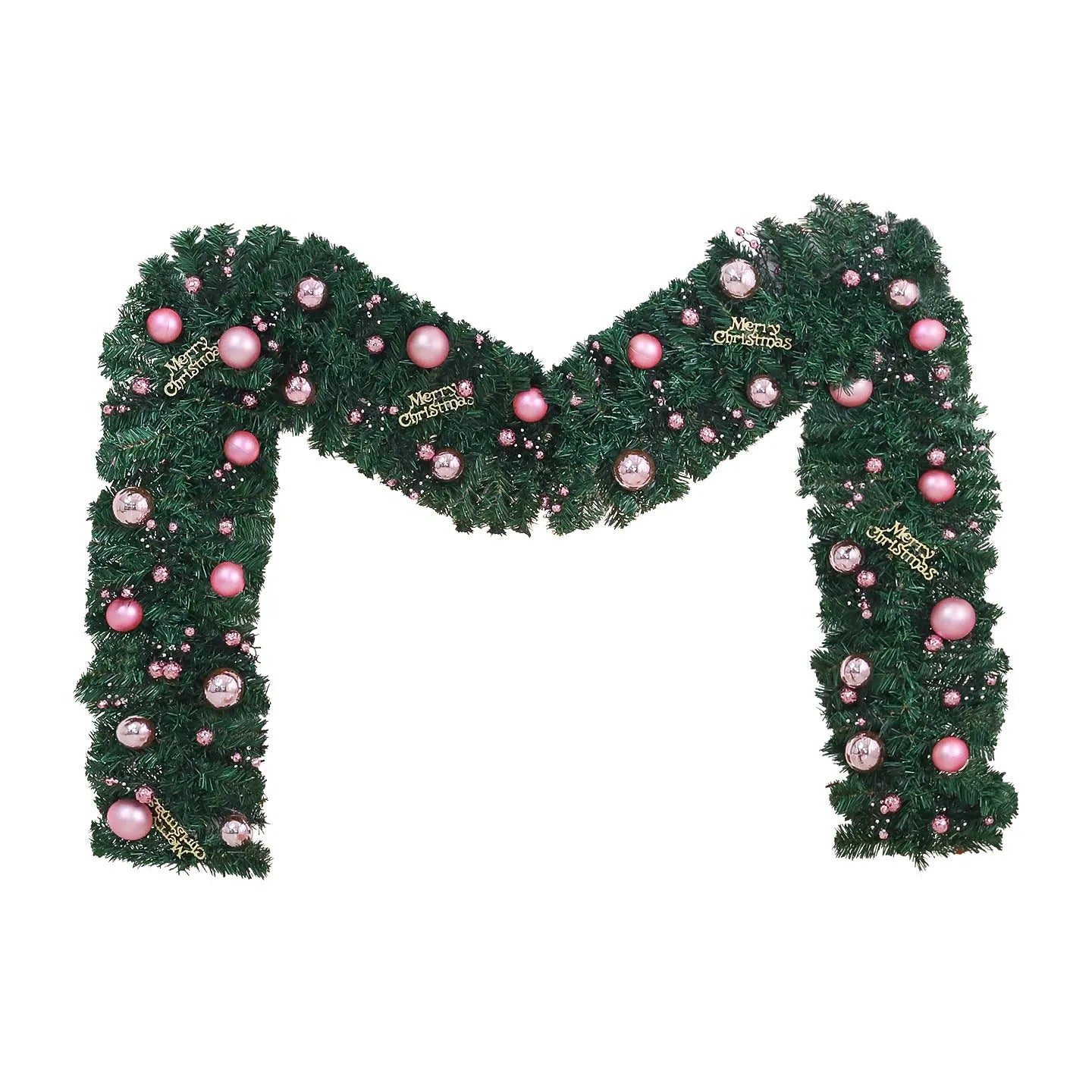 Pink artificial Christmas rattan vine decoration with small fruit clusters and warm white LED lights, coiled on a table.