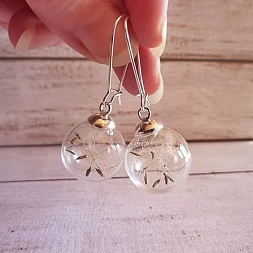 Transparent glass dandelion earrings with 16mm crystal ball on French hook earring backs