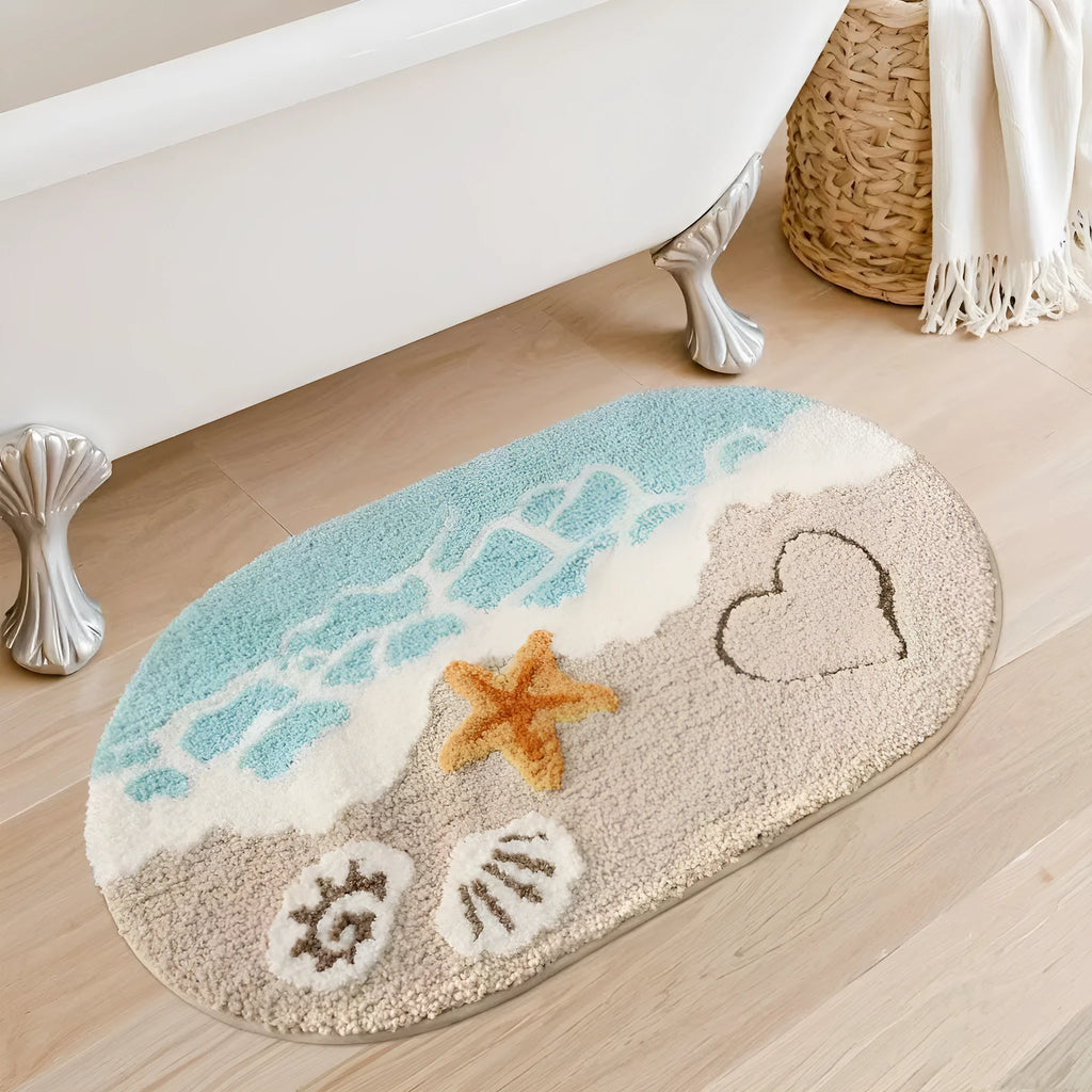 Rainbow patterned Sky Sea coloured square polyester floor mat with plastic bottom.