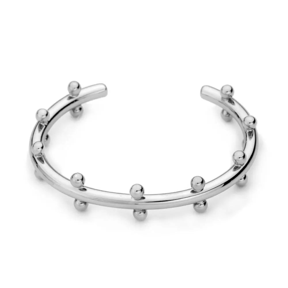 C-shaped stainless steel bracelet charm with textured surface and rivet bean beads in metallic finishes