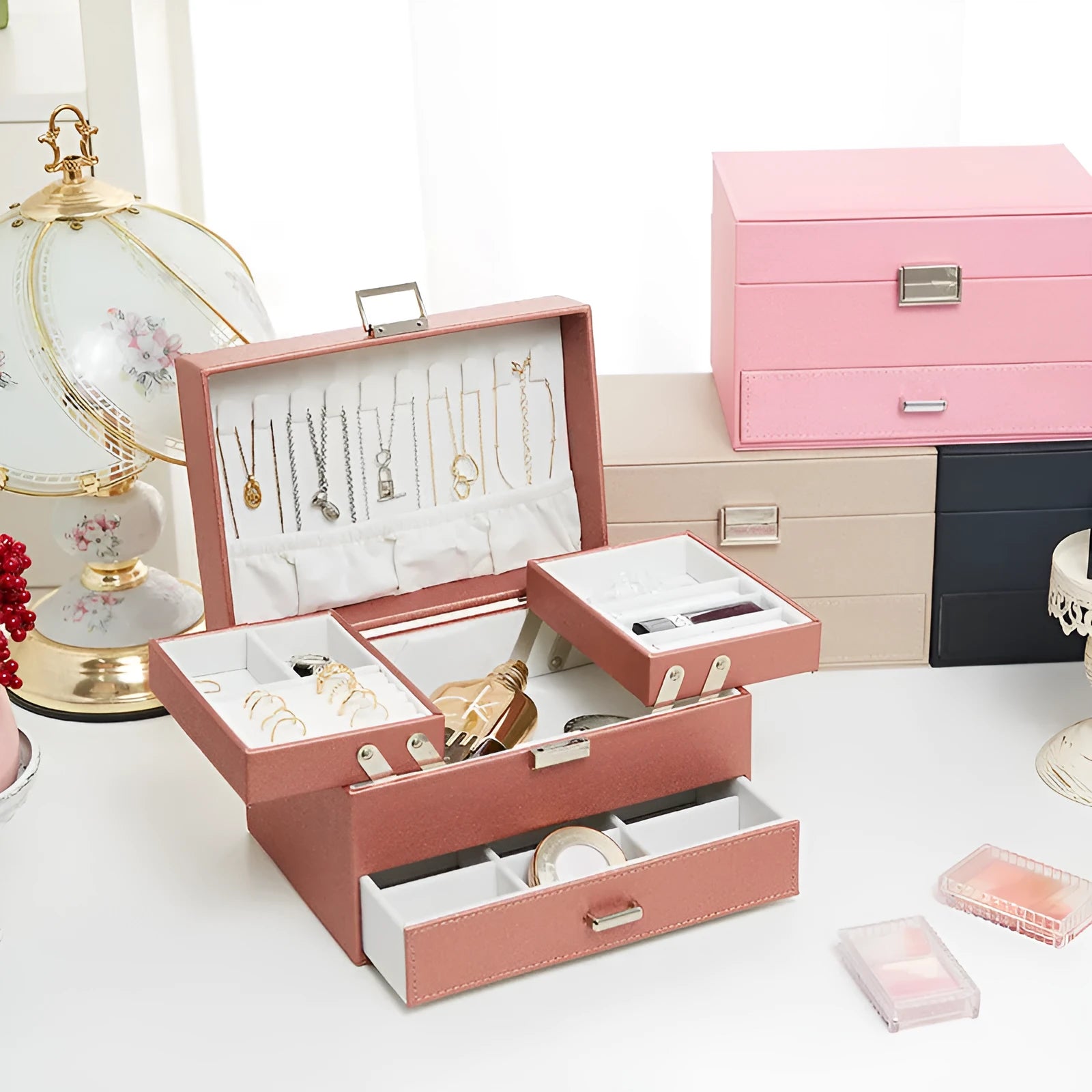 Hard-sided PU leather jewellery storage box in beige, showing its rectangular shape.