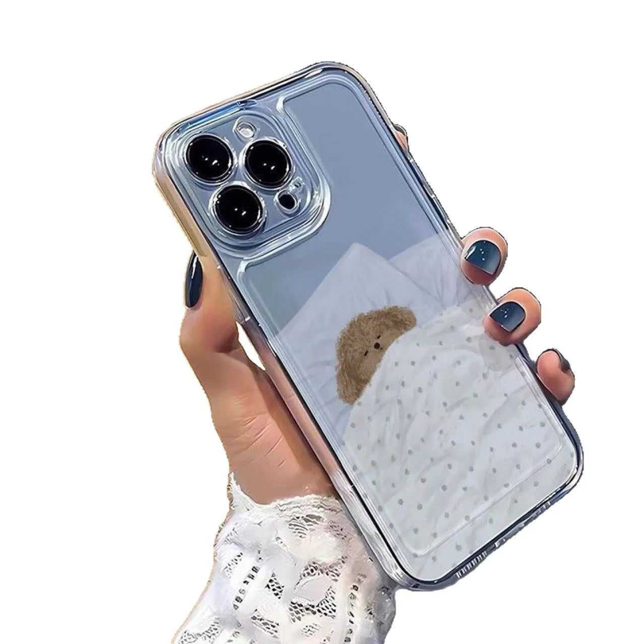 Transparent iPhone case showing sleeping cat pattern on clear TPU material for shockproof protection