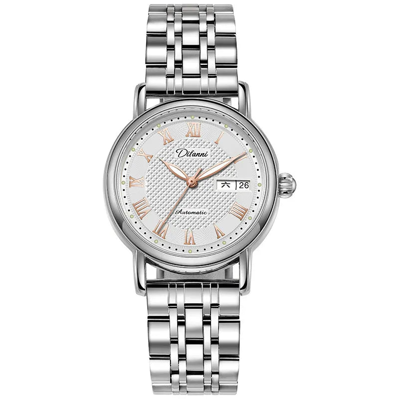 Automatic women's watch with 12mm case on a stainless steel bracelet alongside leather strap options
