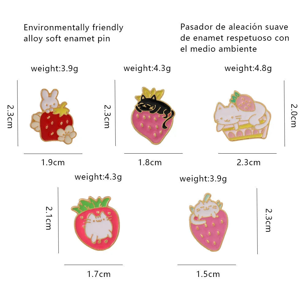 Alloy cake cat brooch with strawberry and dripping oil design in multiple colour options