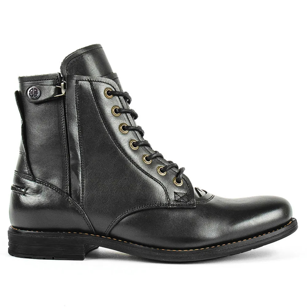 Men's black and brown two-tone leather ankle boots with a side zipper and low heel.