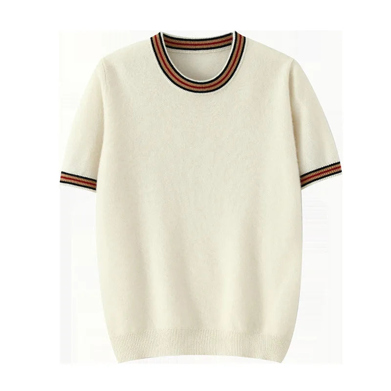 Men's short sleeve pure wool sweater in round neck pullover style on a grey background.