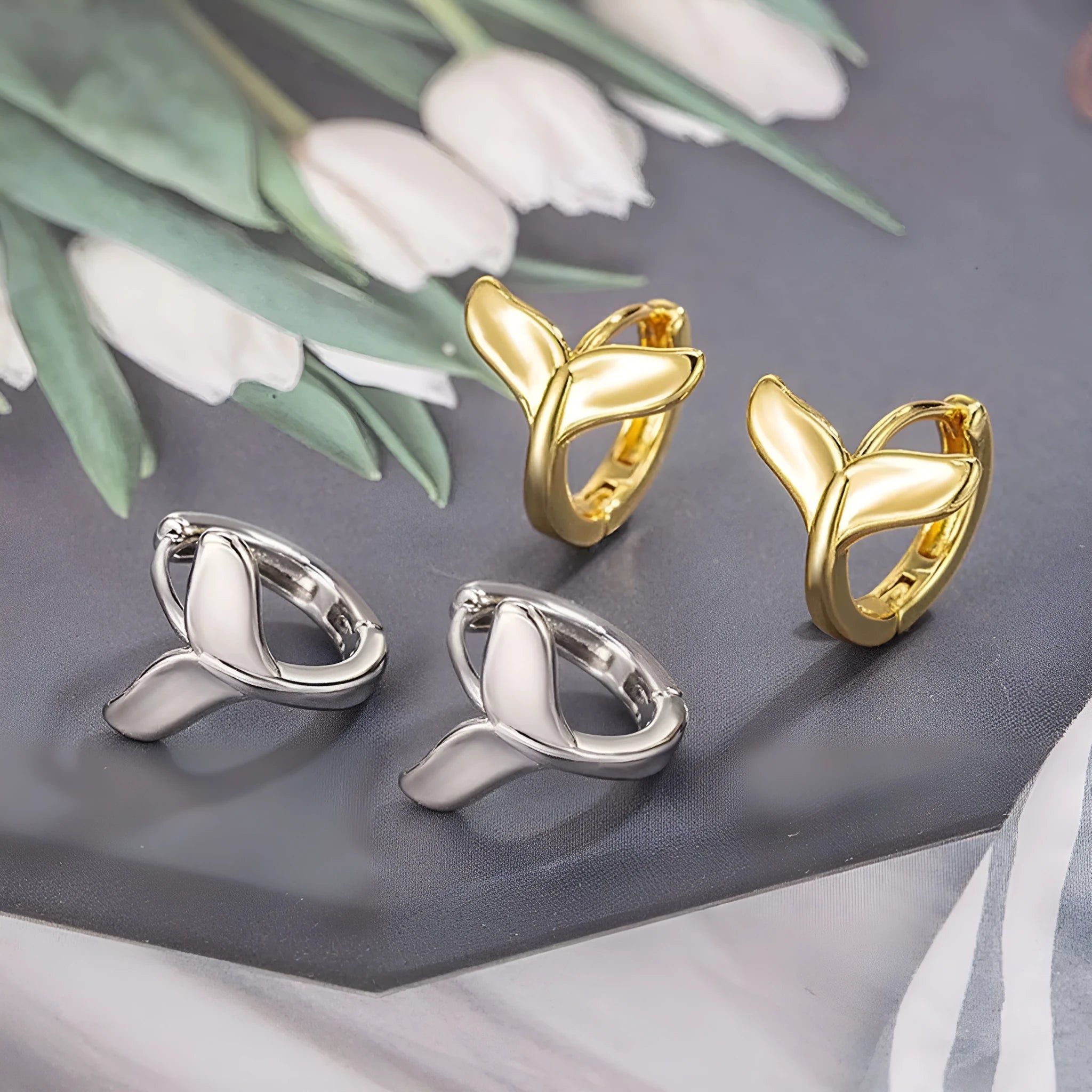 Women's copper fishtail earrings with electroplated white gold or yellow gold finish