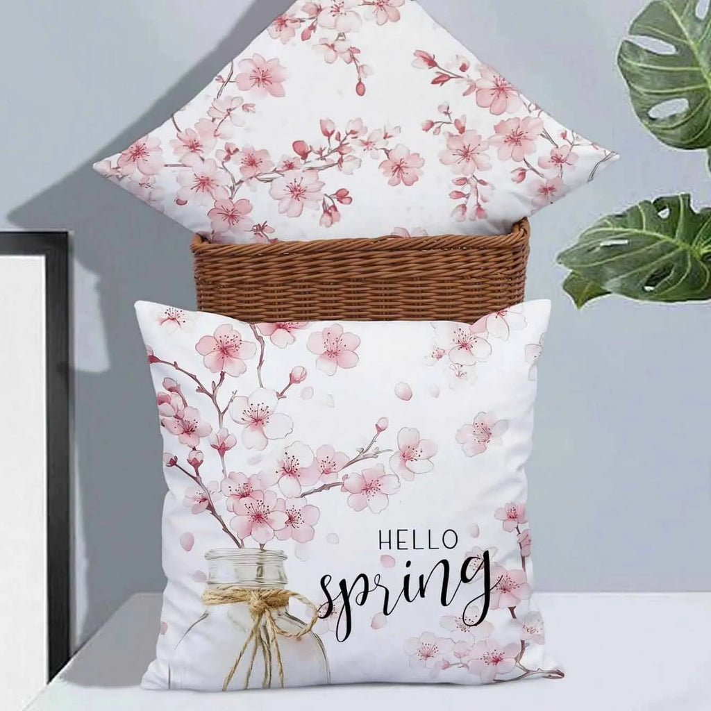 Short velvet Spring Cherry Blossom letter cushion cover, 45cm square, shown in one of four HDRD192 colour options.