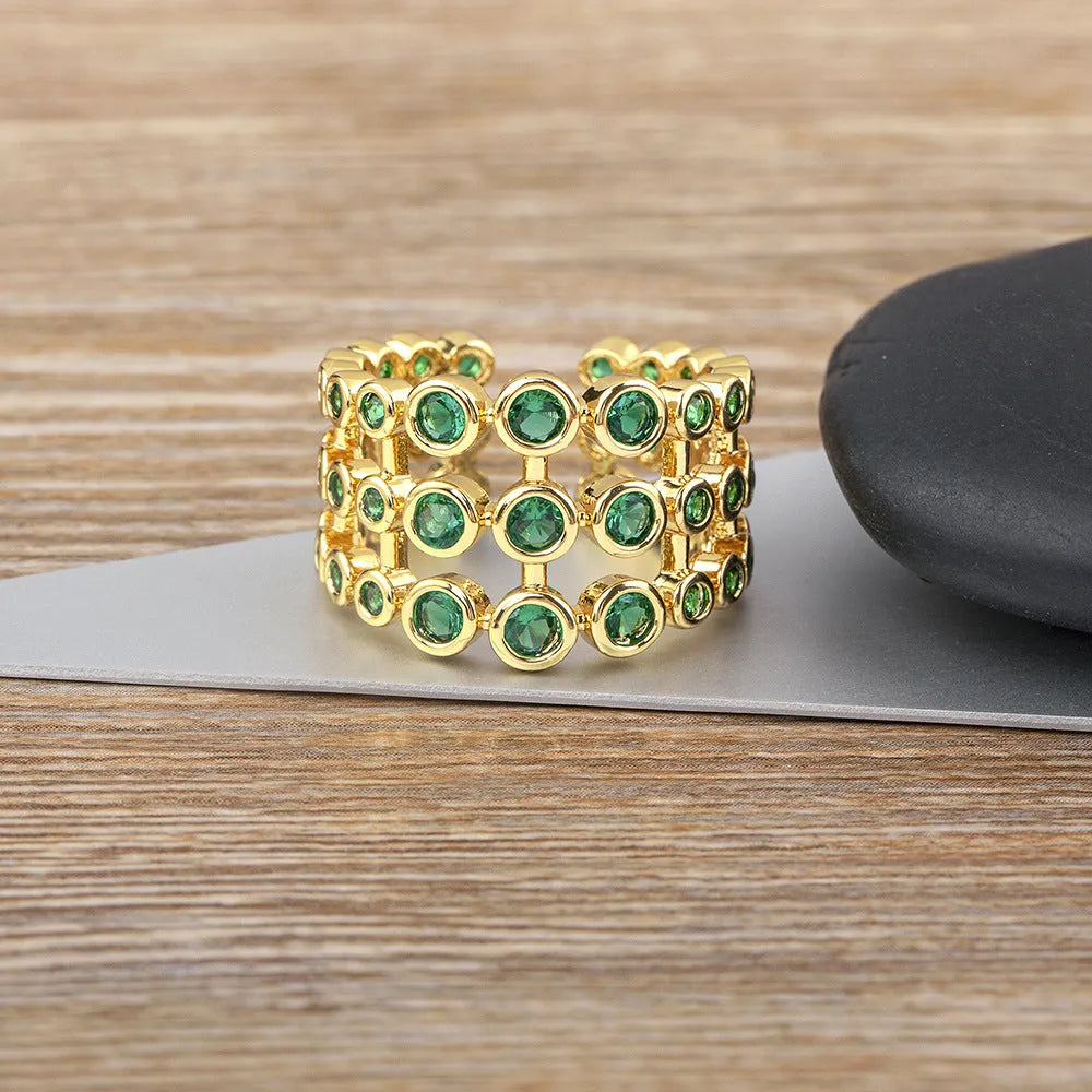 Three-layer exaggerated green full zircon wide ring with copper base and 18K real gold plating