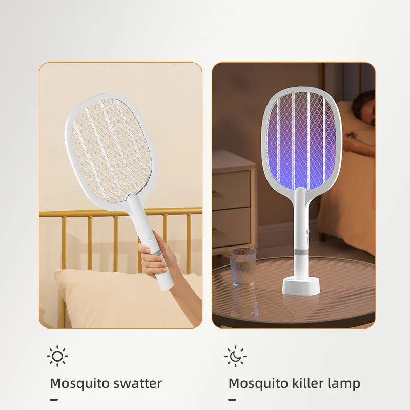 Rechargeable electric mosquito swatter with ABS plastic shell in two colour variants.