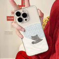 Transparent iPhone case showing sleeping cat pattern on clear TPU material for shockproof protection