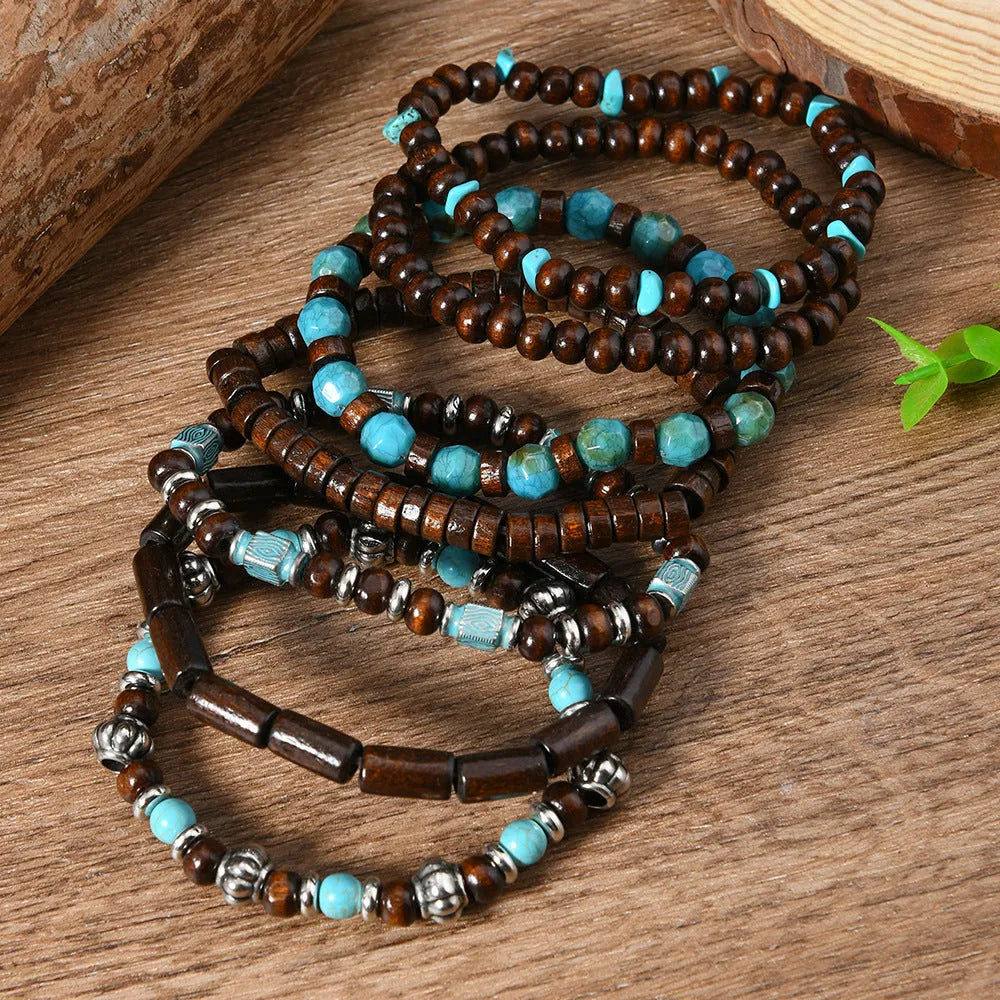 Seven retro bracelets with wooden and alloy beads in multicolour round design