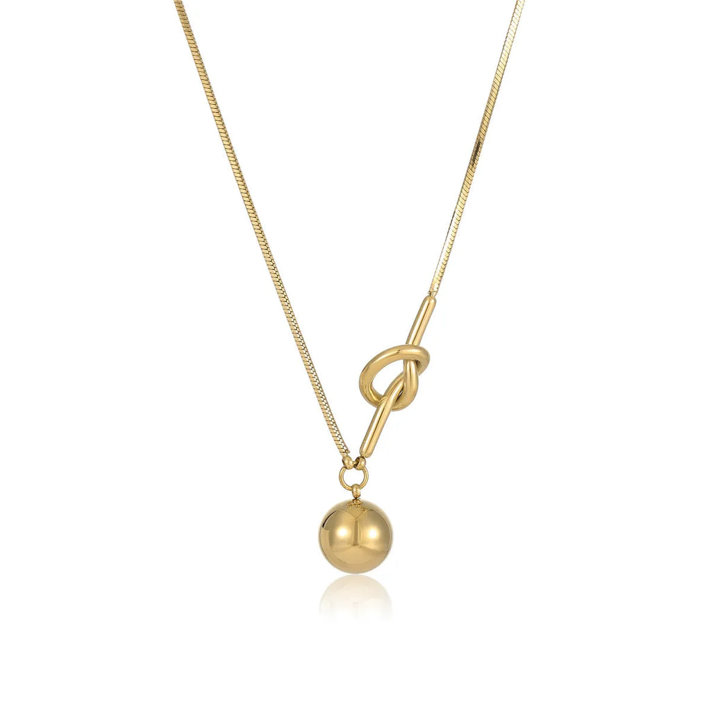 18K gold plated stainless steel winding ball pendant necklace for women on a white background