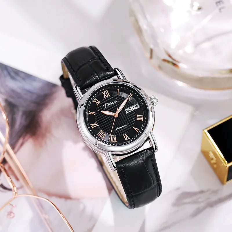 Automatic women's watch with 12mm case on a stainless steel bracelet alongside leather strap options