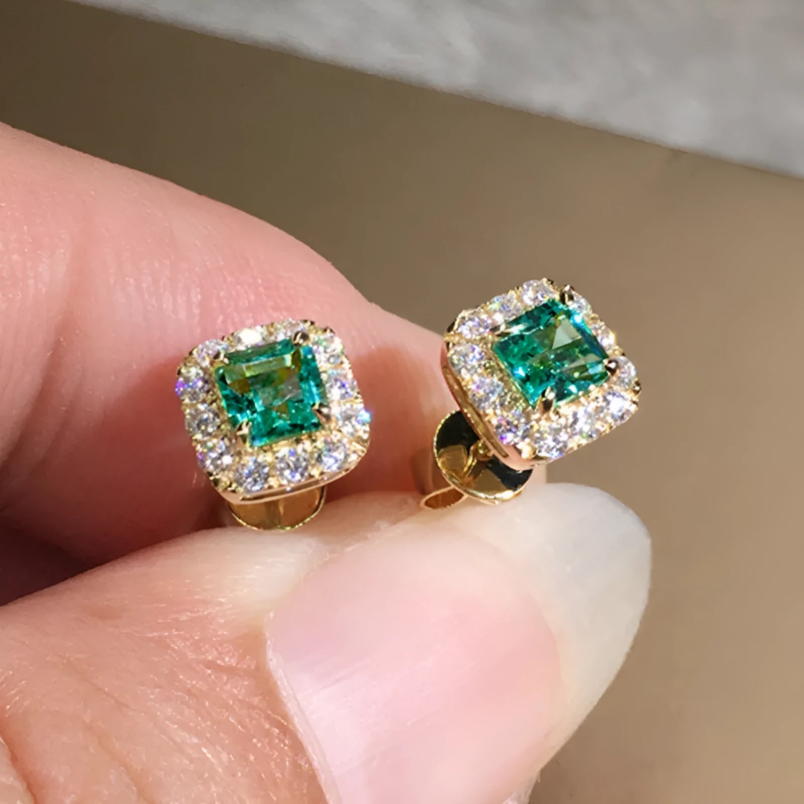 Bright grandmother green square zircon drop earrings with electroplated copper setting in gold colour option