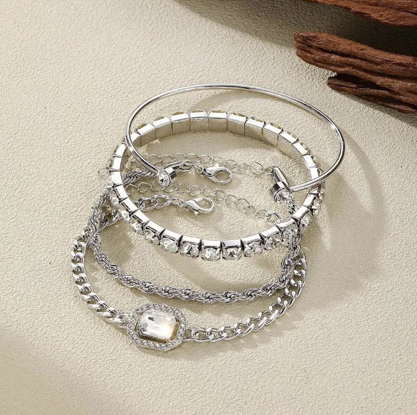 Women's four-piece alloy bracelet set with retro geometric square diamond design in gold and silver colour options