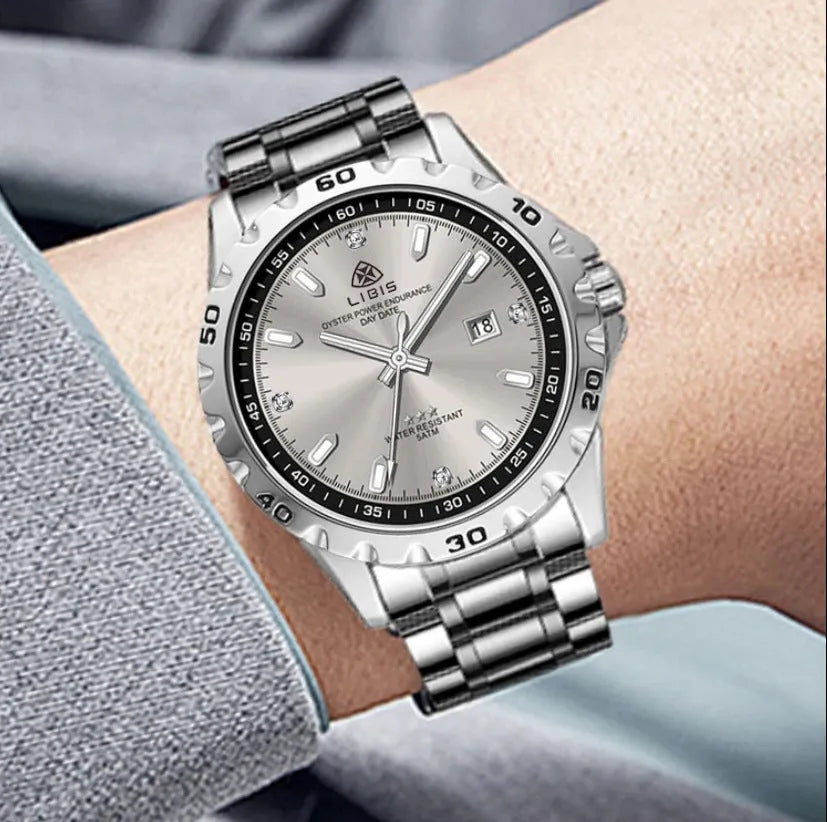 Silver case men's business watch with stainless steel strap and black dial
