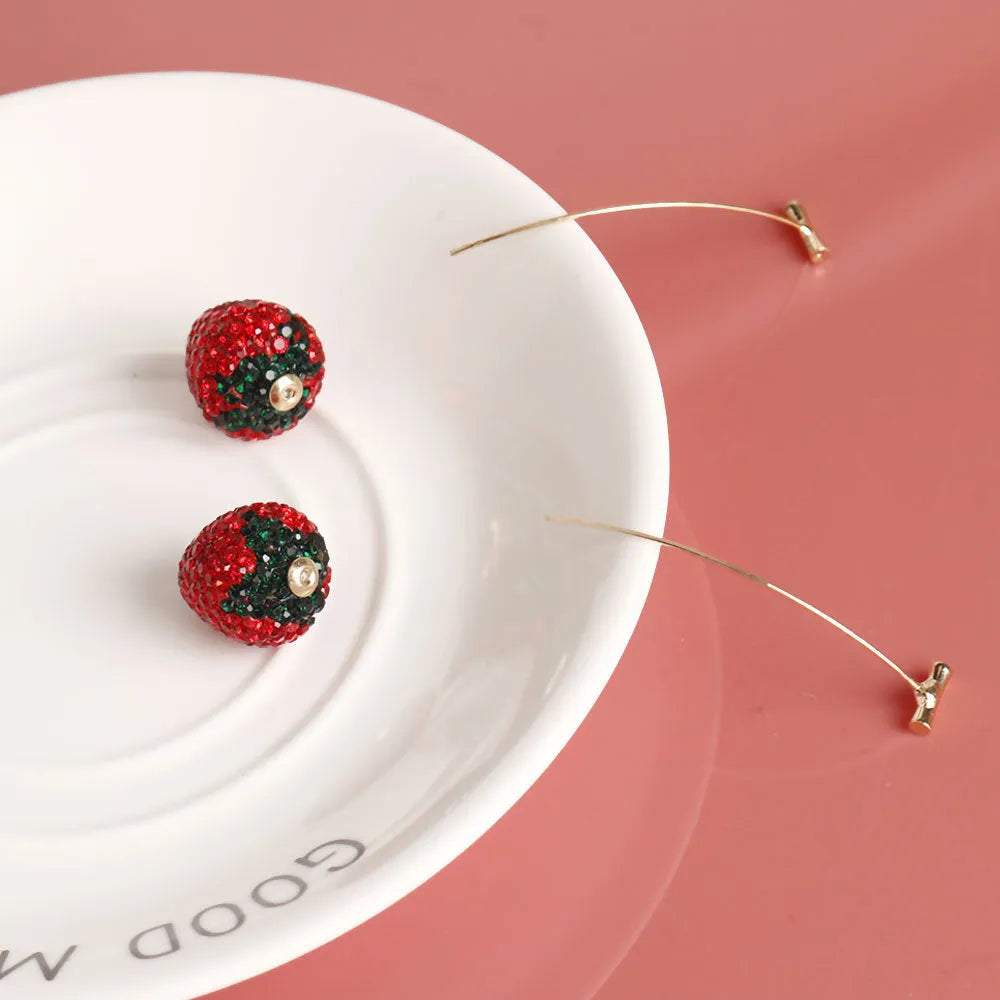 Women's geometric strawberry drop earrings with sparkling crystals in red zinc alloy.