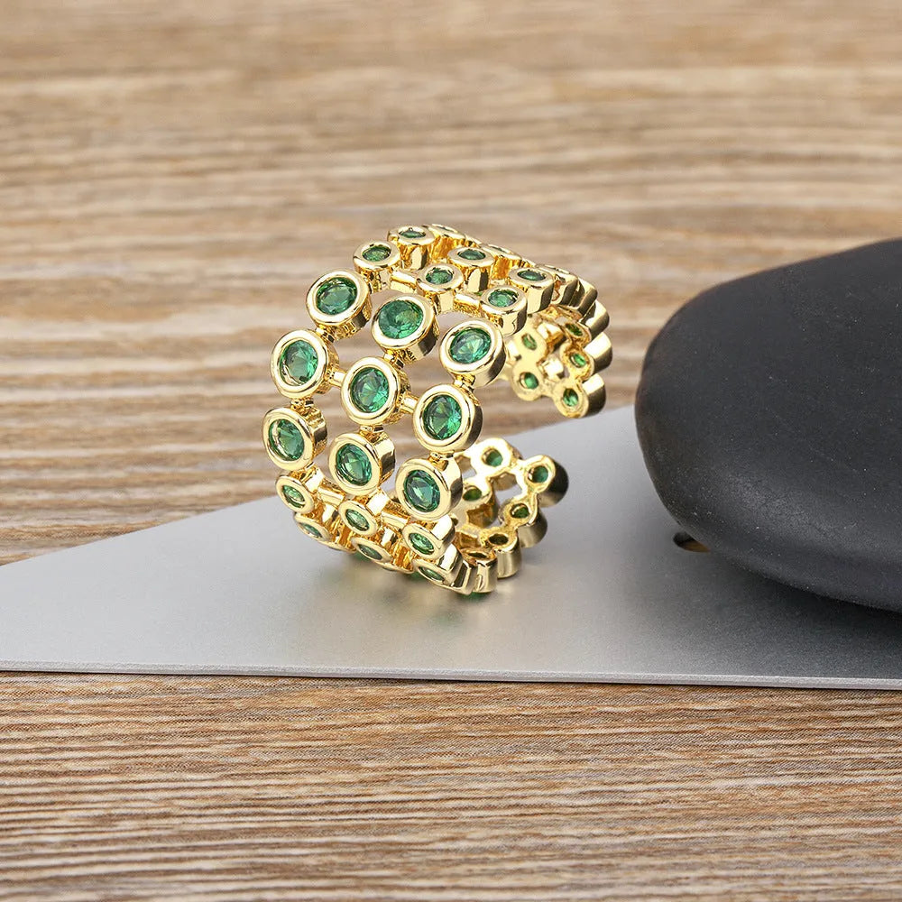 Three-layer exaggerated green full zircon wide ring with copper base and 18K real gold plating