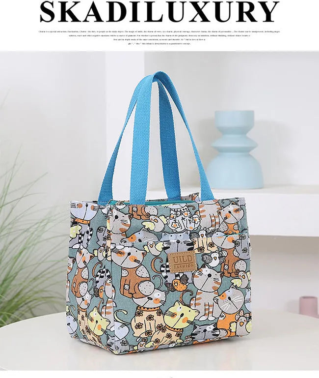 Women's large square canvas tote bag with printed design options of cats, letters, and flowers.