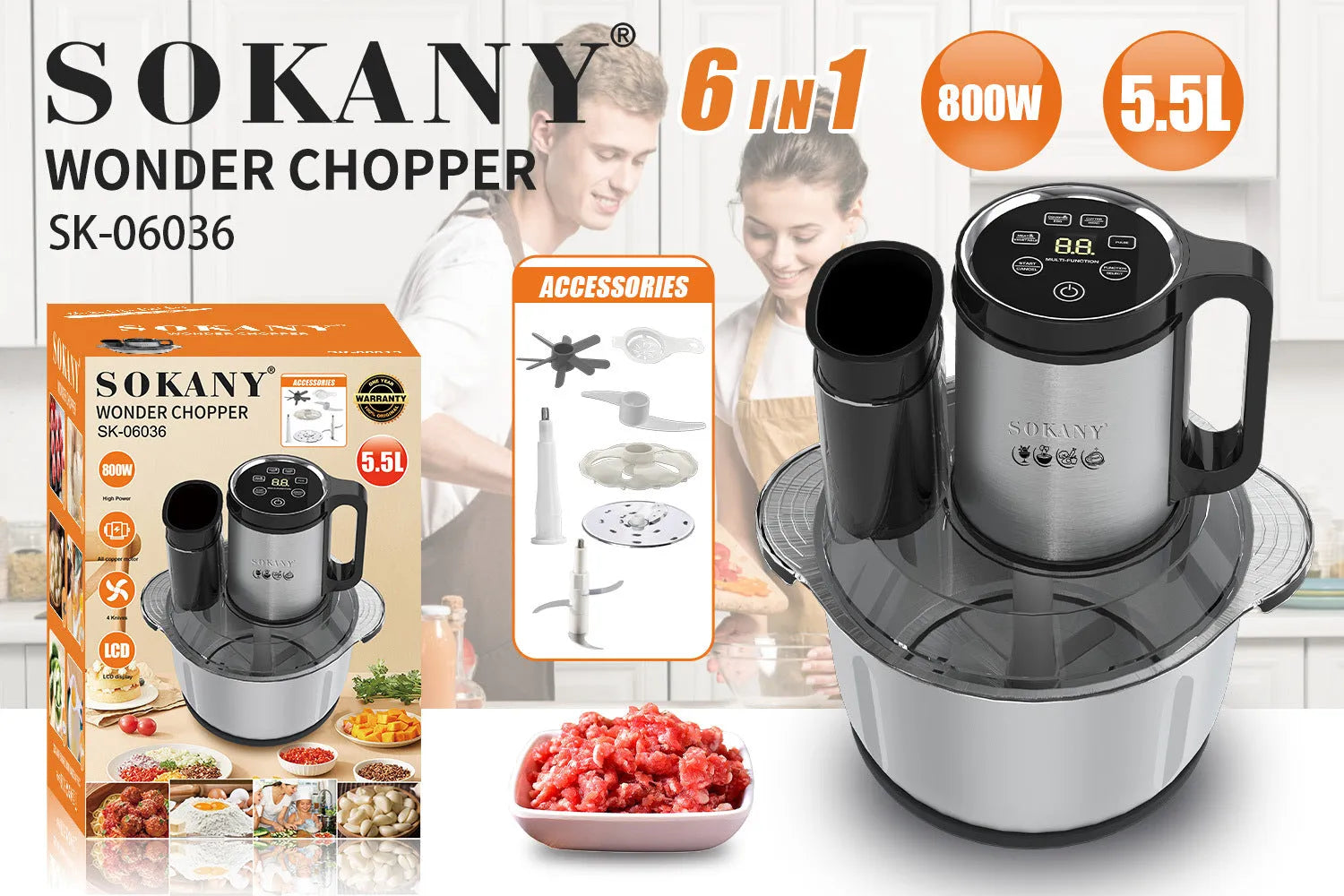 06036 colour stainless steel meat grinder with 5L capacity for home food preparation