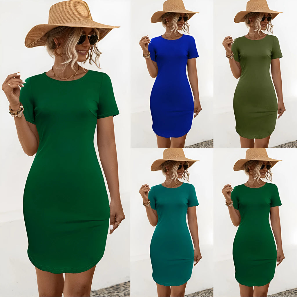Women's solid colour slim-fit short sleeve dress with a U-shaped hem split in Army Green.