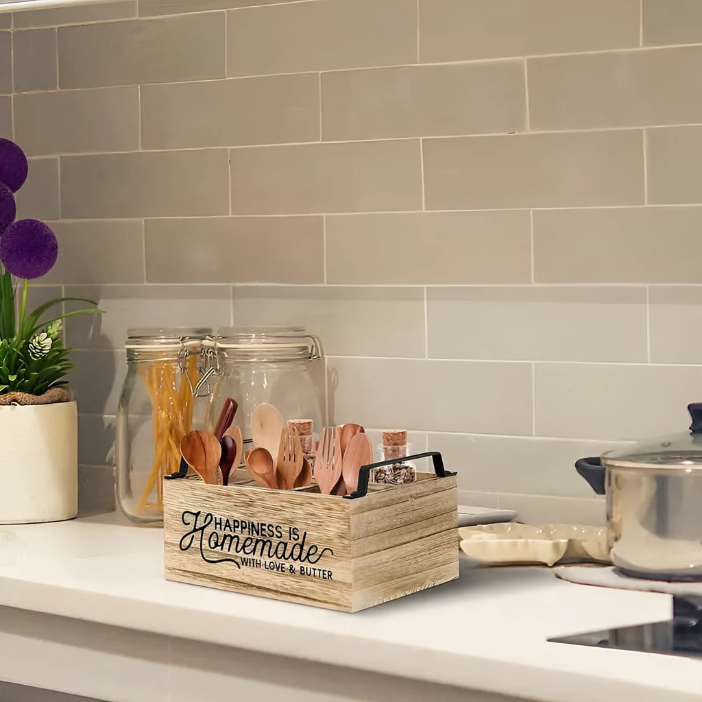 Wooden kitchen storage box with internal grid compartments for tableware organisation