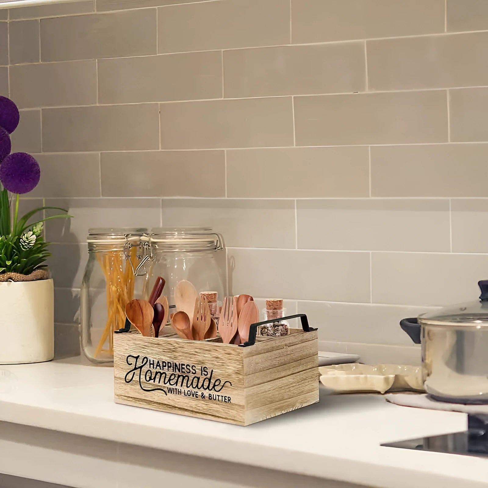 Wooden kitchen storage box with internal grid compartments for tableware organisation