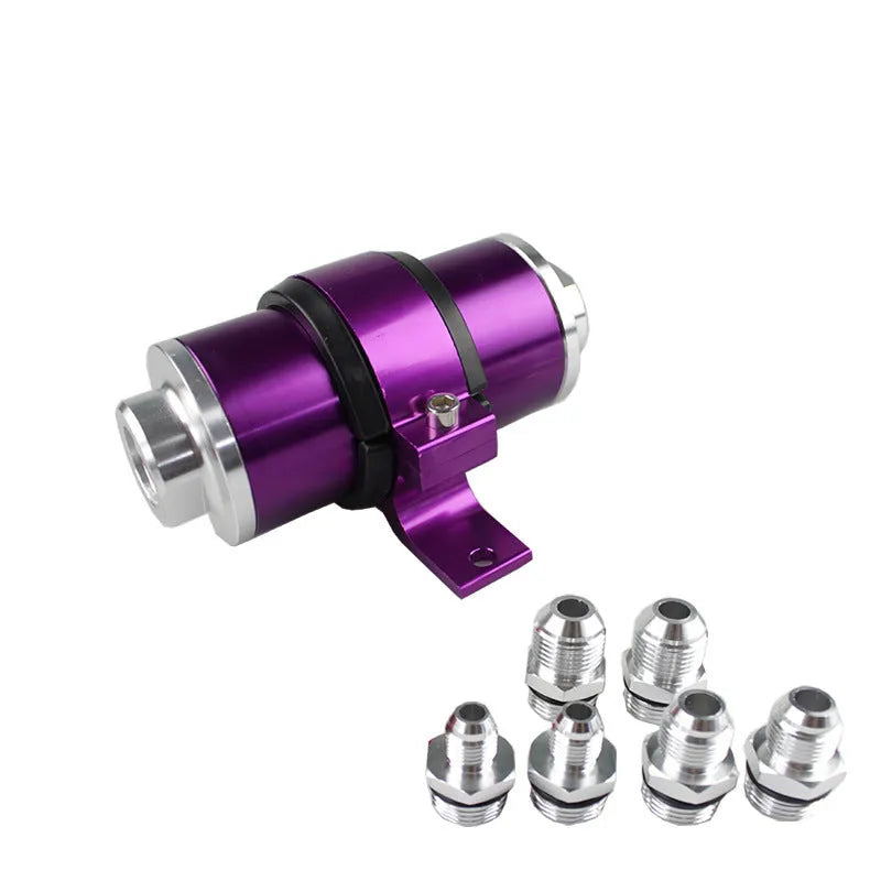Aluminium alloy petrol filter bracket shown in available colours: black, silver, blue, red, gold, purple.