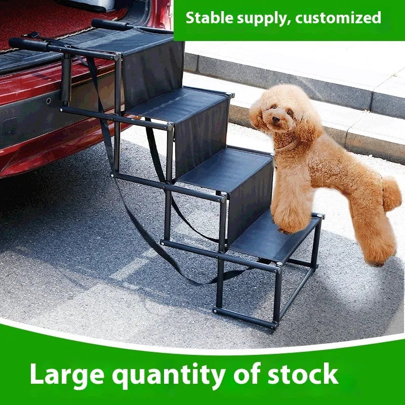 Folding stainless steel dog ladder for vehicle access showing black colour option