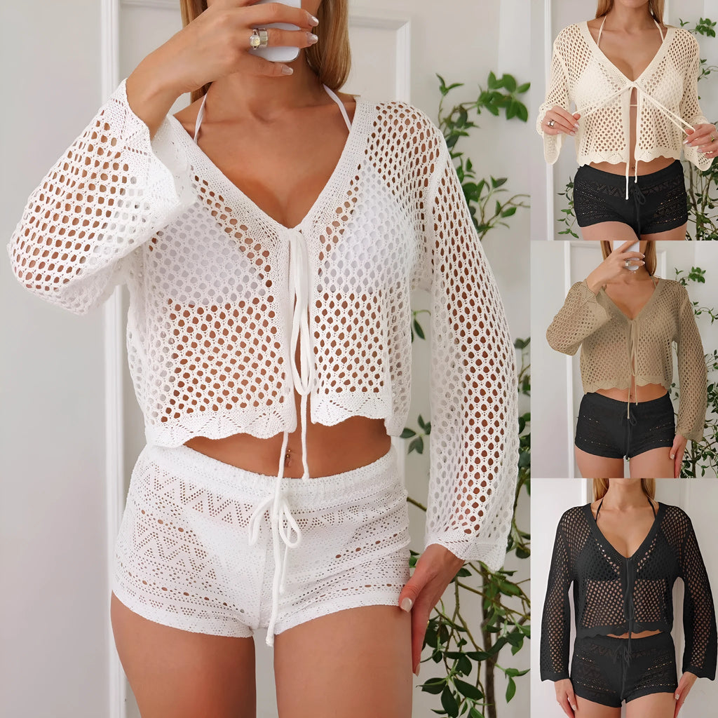 Women's apricot cropped cardigan blouse with flared bell sleeves, laid flat.